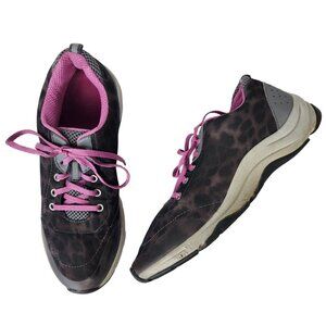 Vionic Womens Sneakers Sz 8.5 Gray & Pink Leopard Print Arch Support Lace-Up Lig